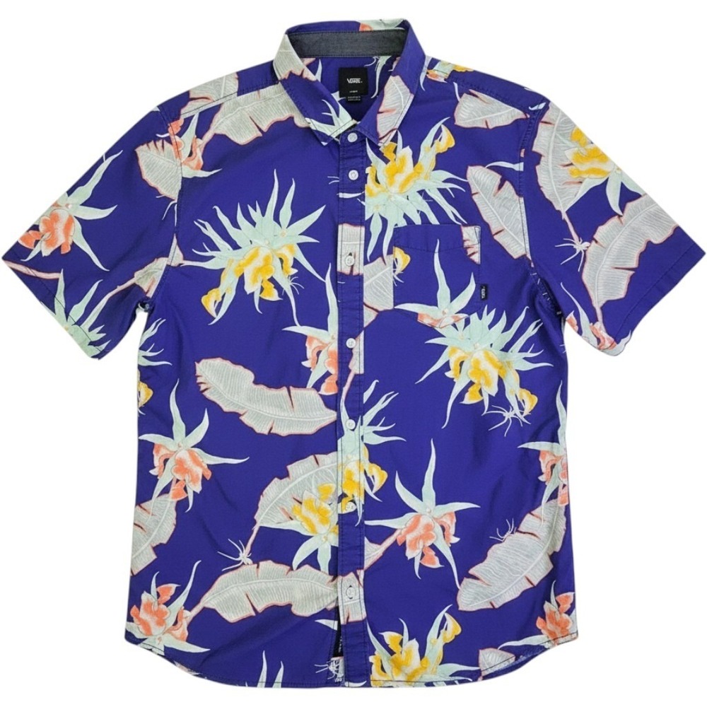 Vans Mens Classic Fit Purple Floral Tropical Short Sleeve Button Down Shirt L